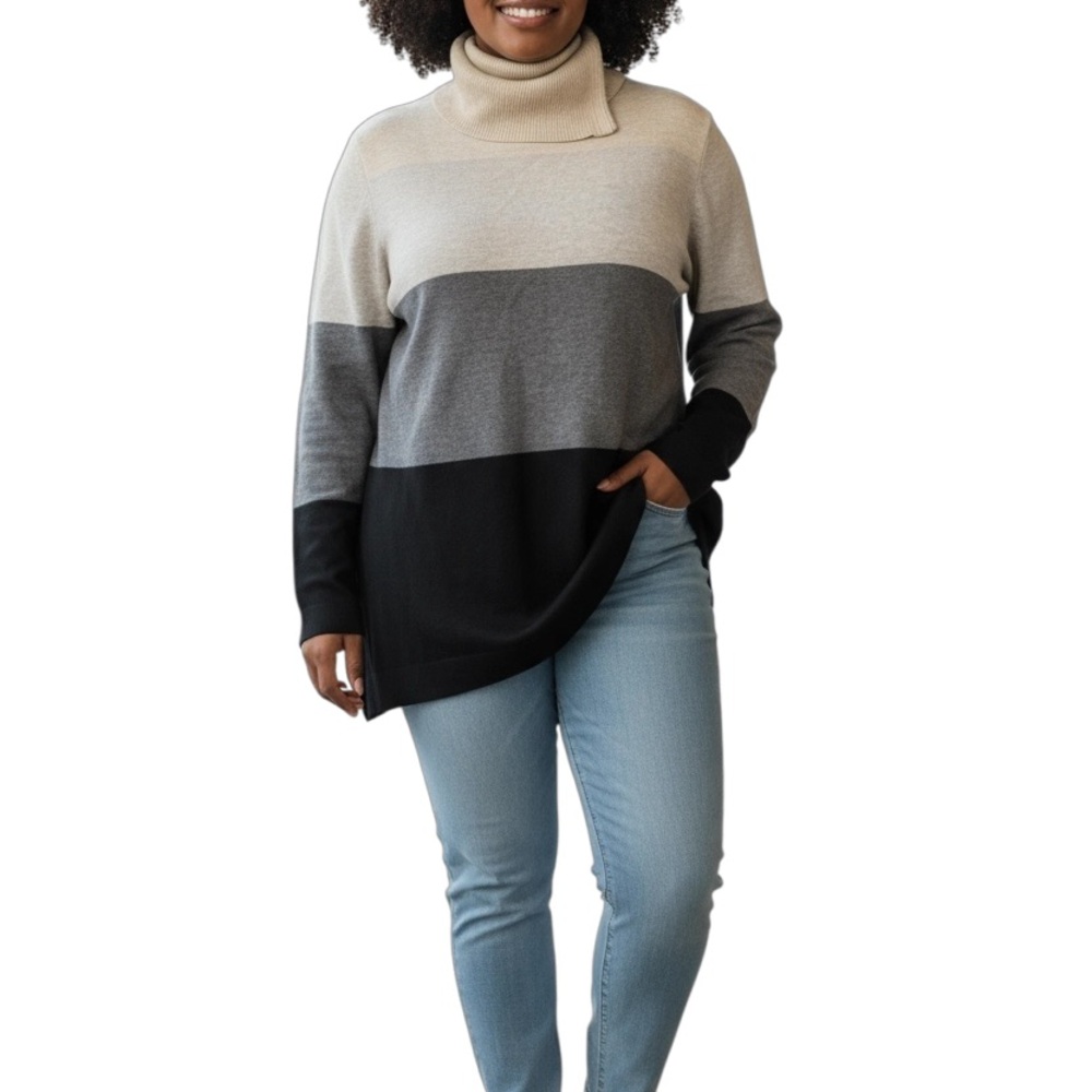 INC International Concepts Tri-Tone Split Neck Turtleneck Sweater PL